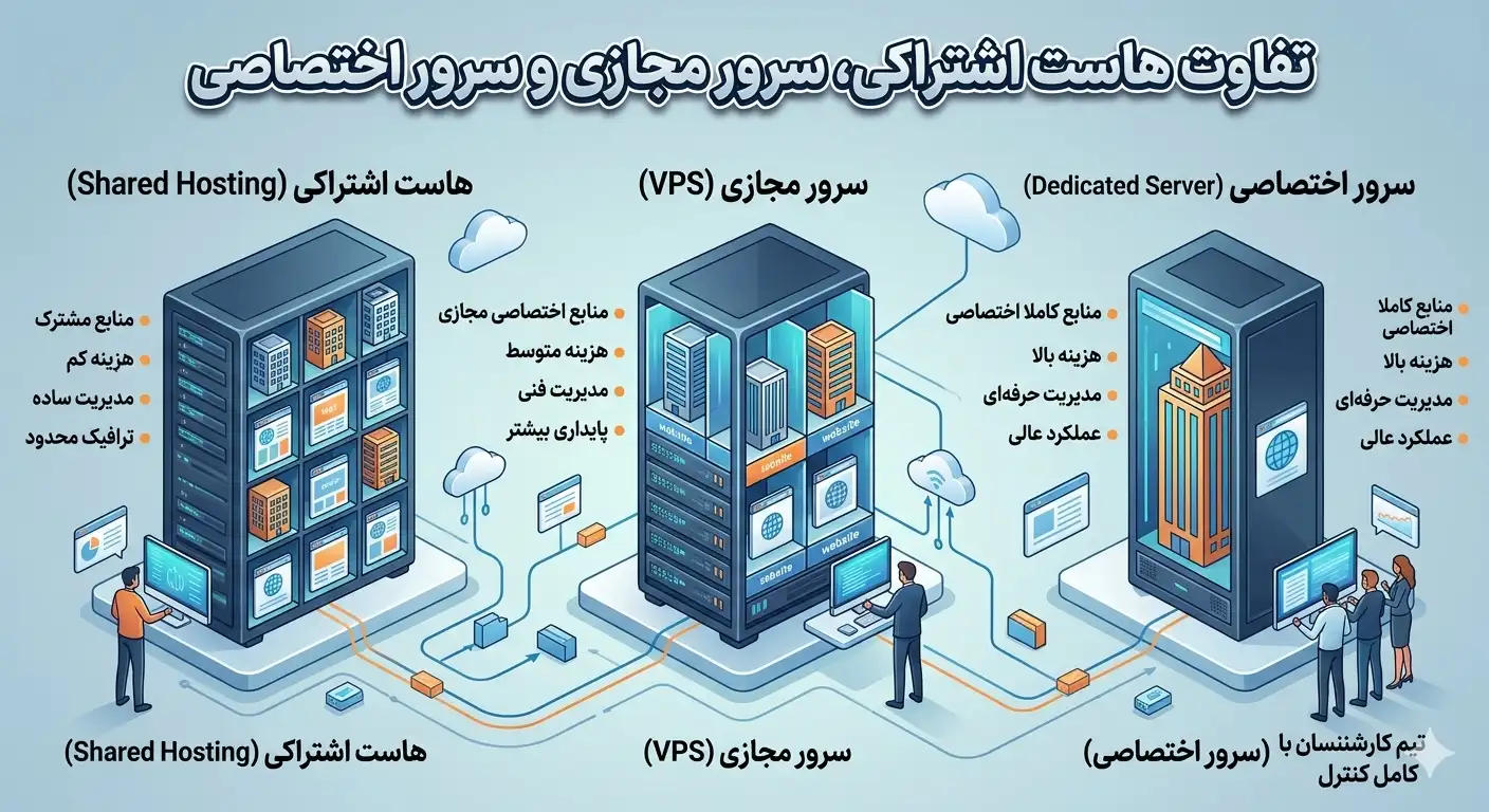 The difference between virtual server, dedicated server and shared hosting